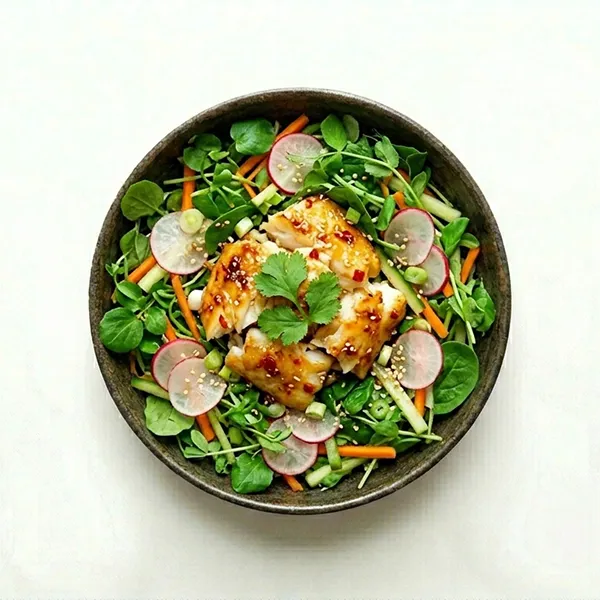 Chilli And Miso Fish Salad With Pickled Radish And Greens
